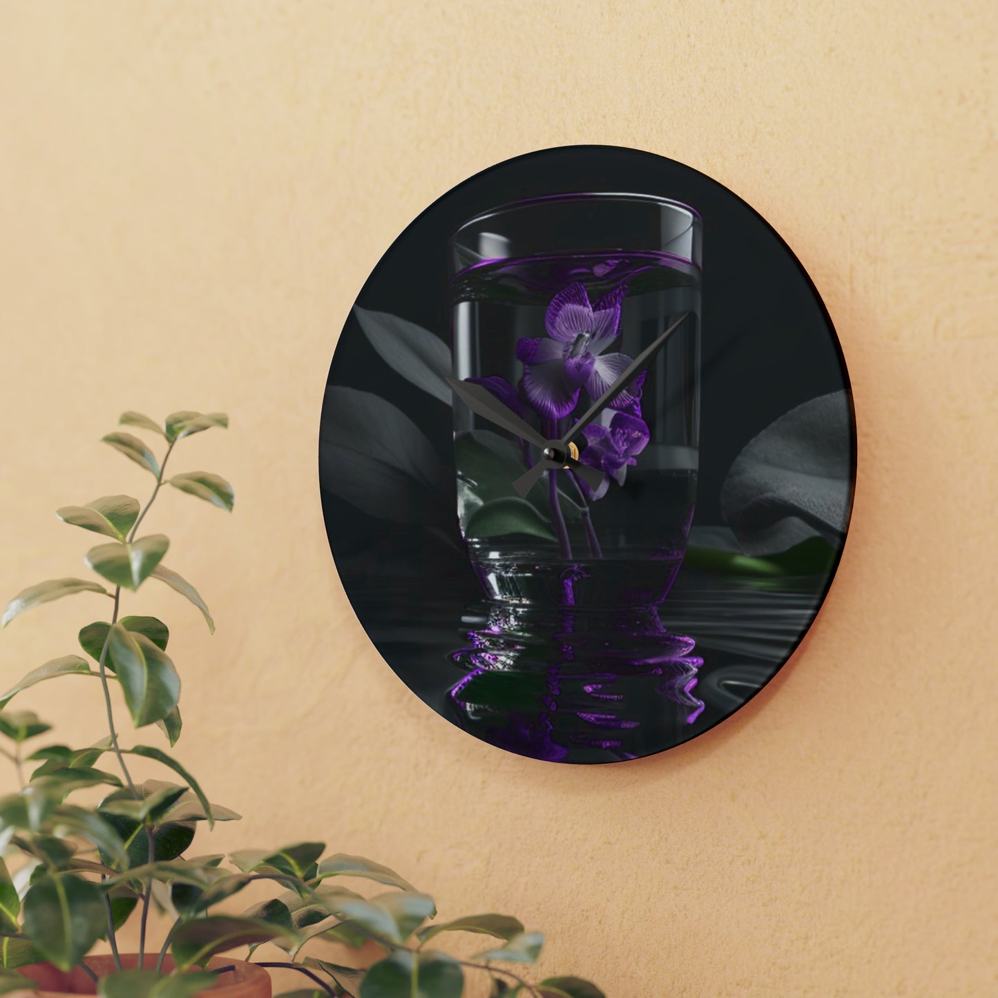 Acrylic Wall Clock Purple Orchid Glass vase 1