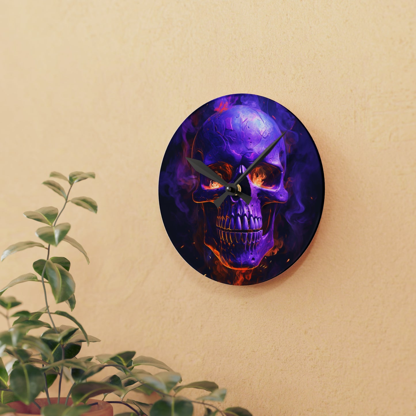 Acrylic Wall Clock Skull Flames 1