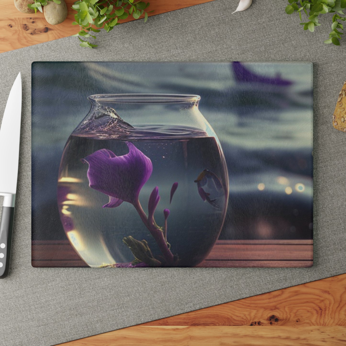 Glass Cutting Board Purple Sweet pea in a vase 1