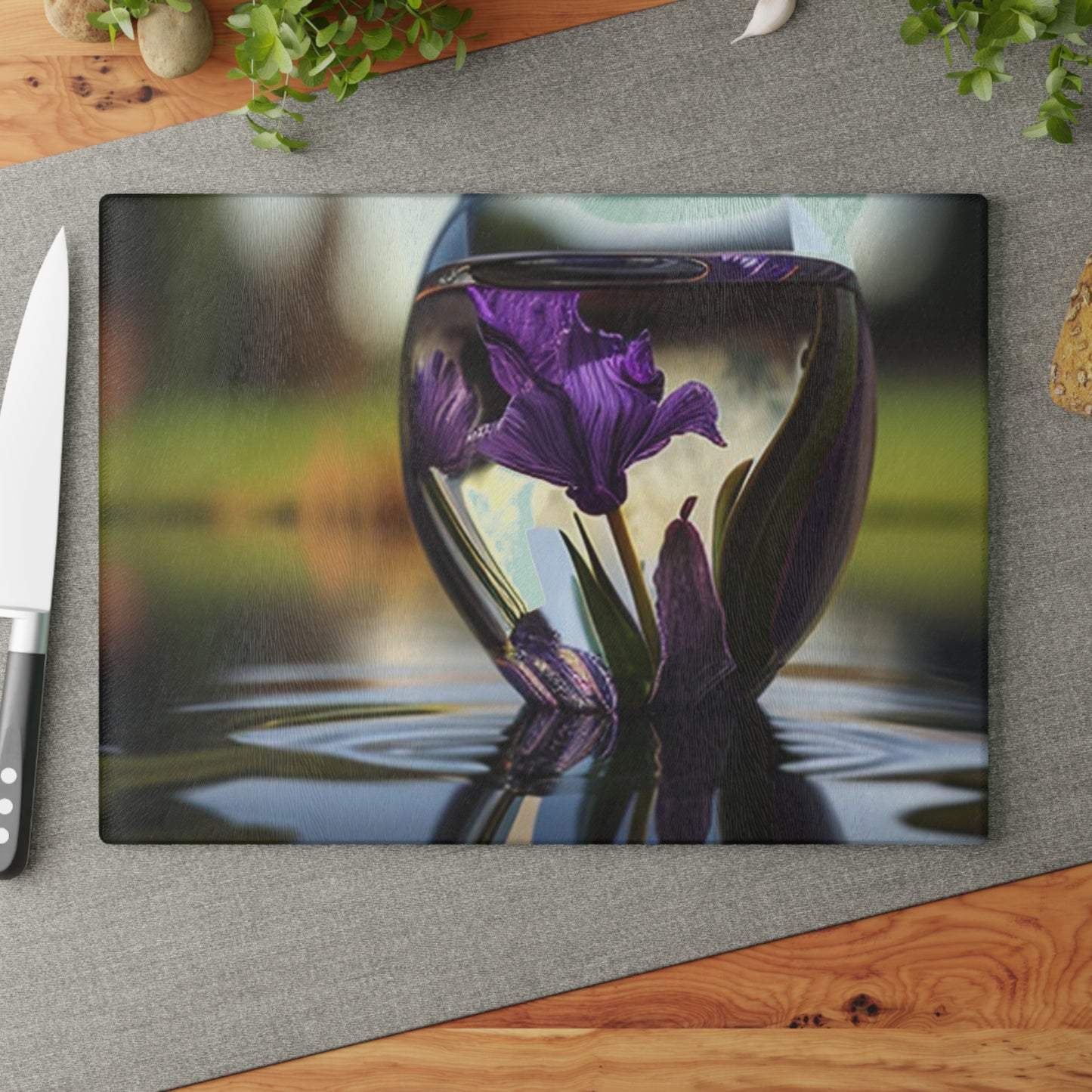 Glass Cutting Board Purple Iris in a vase 3