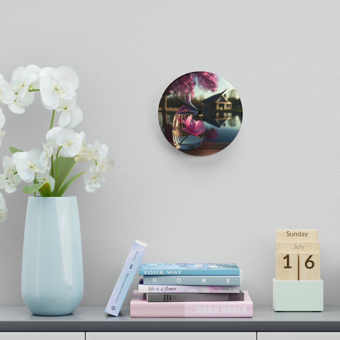 Acrylic Wall Clock Magnolia in a Glass vase 2