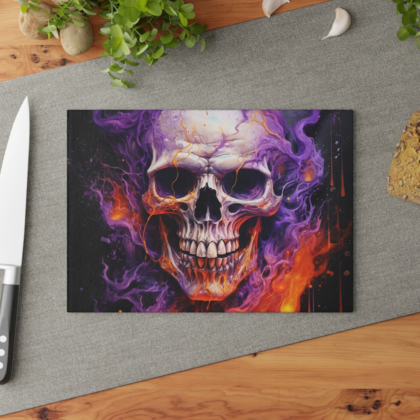 Glass Cutting Board Skull Flames 2