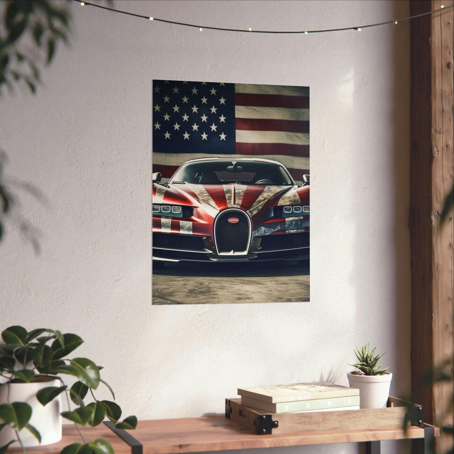 Premium Matte Vertical Posters American Flag Background Bugatti 3