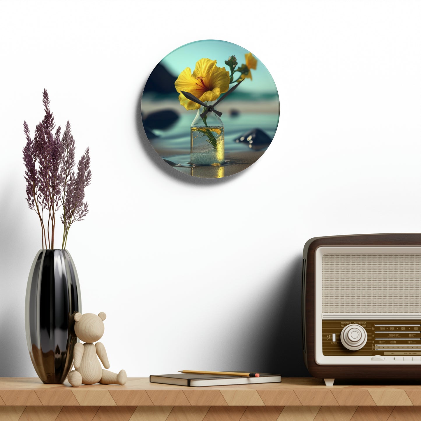 Acrylic Wall Clock Yellow Hibiscus glass 3