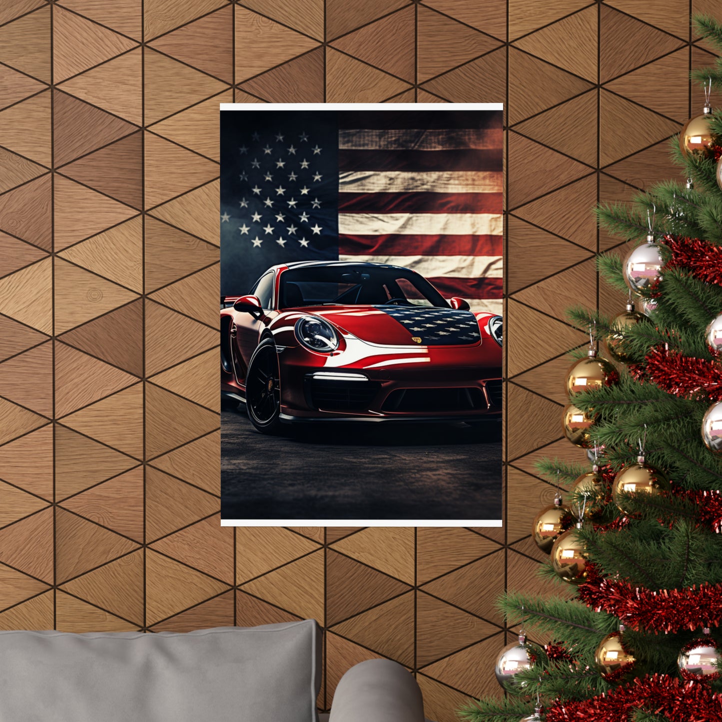 Premium Matte Vertical Posters American Flag Background Porsche 2