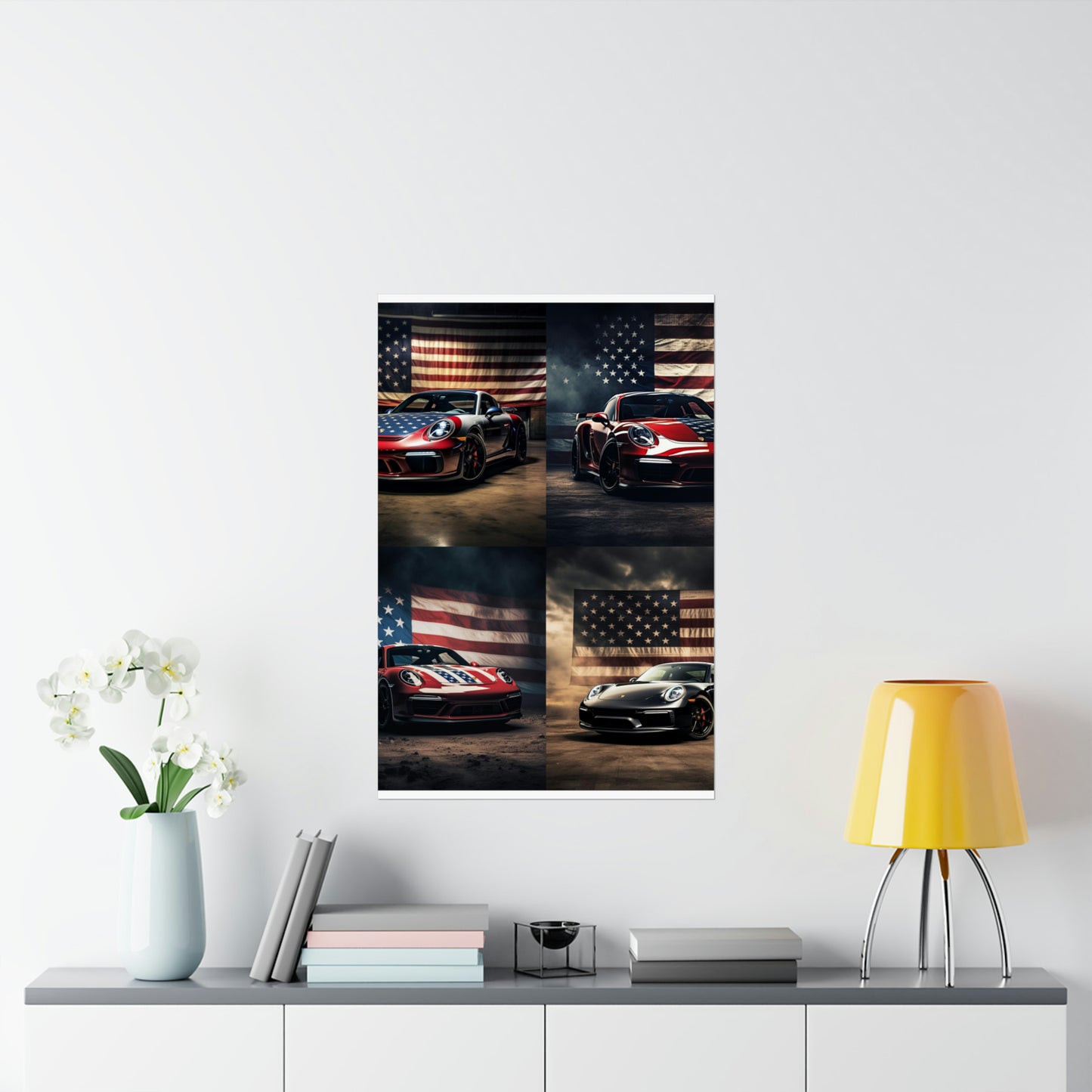 Premium Matte Vertical Posters American Flag Background Porsche 5