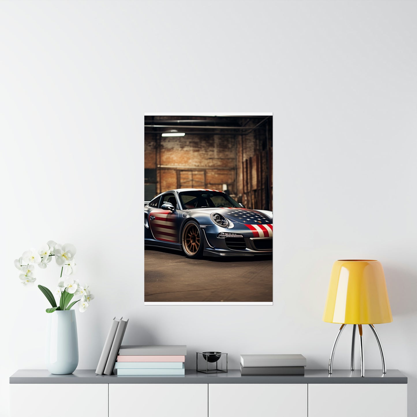 Premium Matte Vertical Posters American Flag Porsche 1