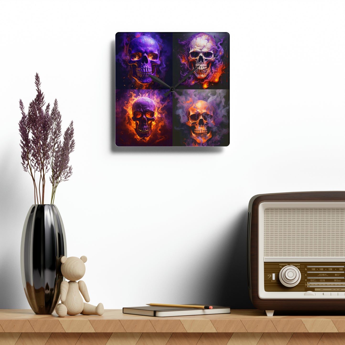 Acrylic Wall Clock Skull Flames 5