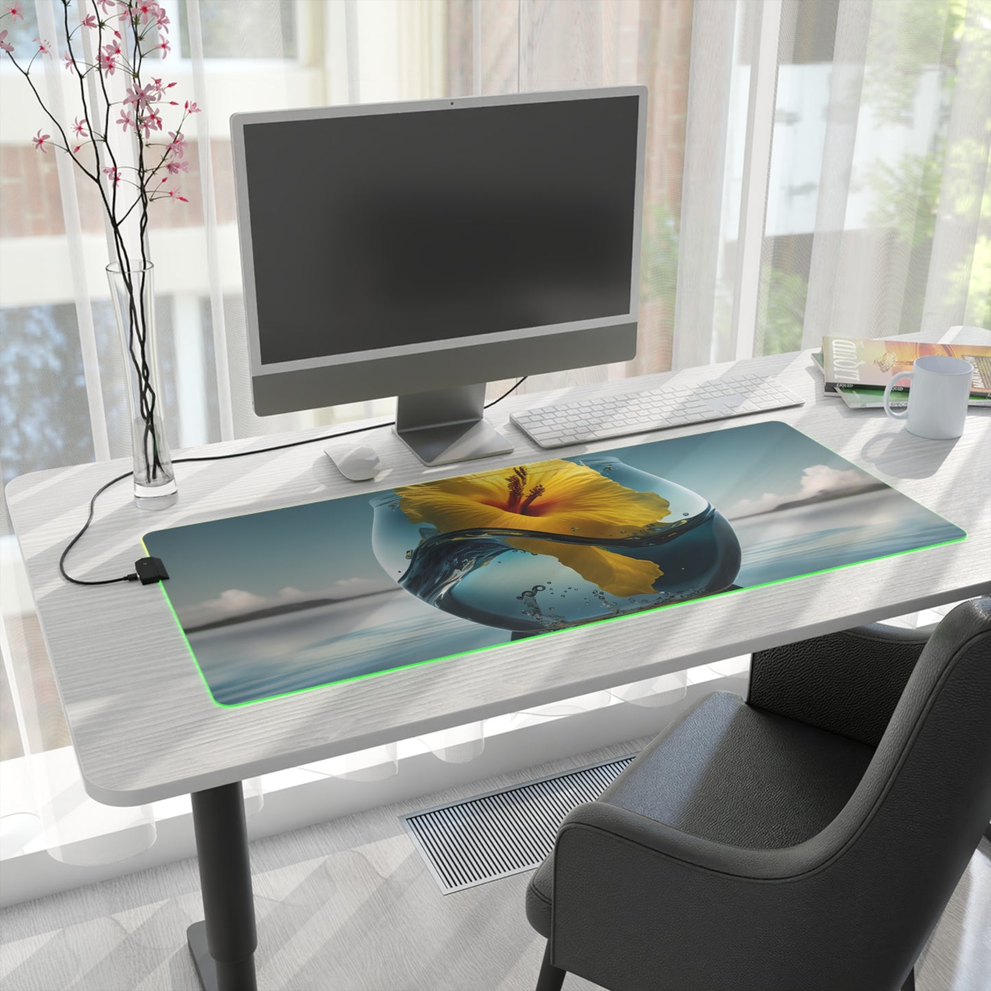 LED Gaming Mouse Pad Yellow Hibiscus glass 4