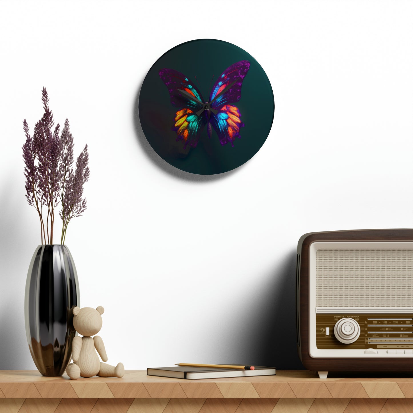 Acrylic Wall Clock Hyper Colorful Butterfly Purple 1