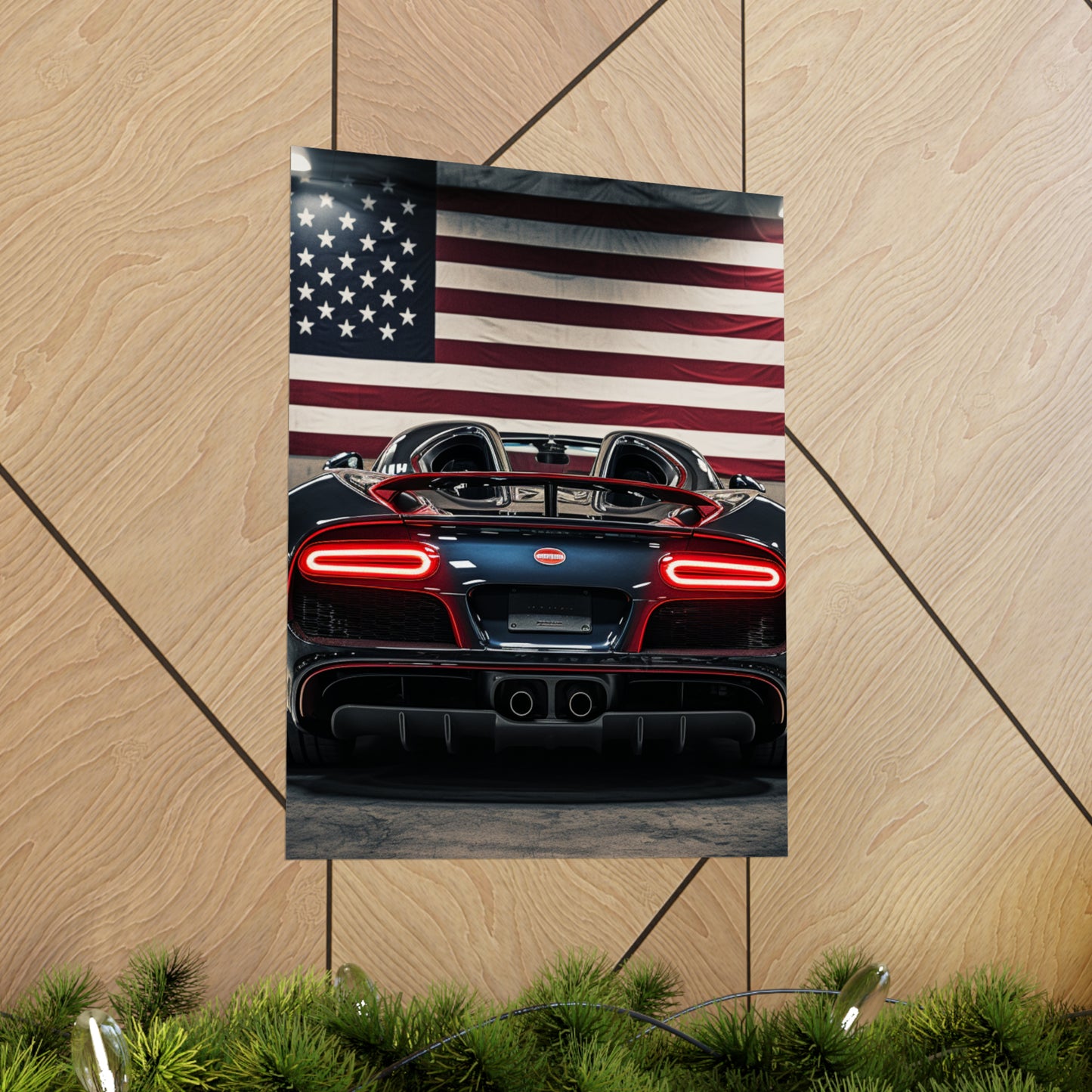 Premium Matte Vertical Posters American Flag Background Bugatti 4