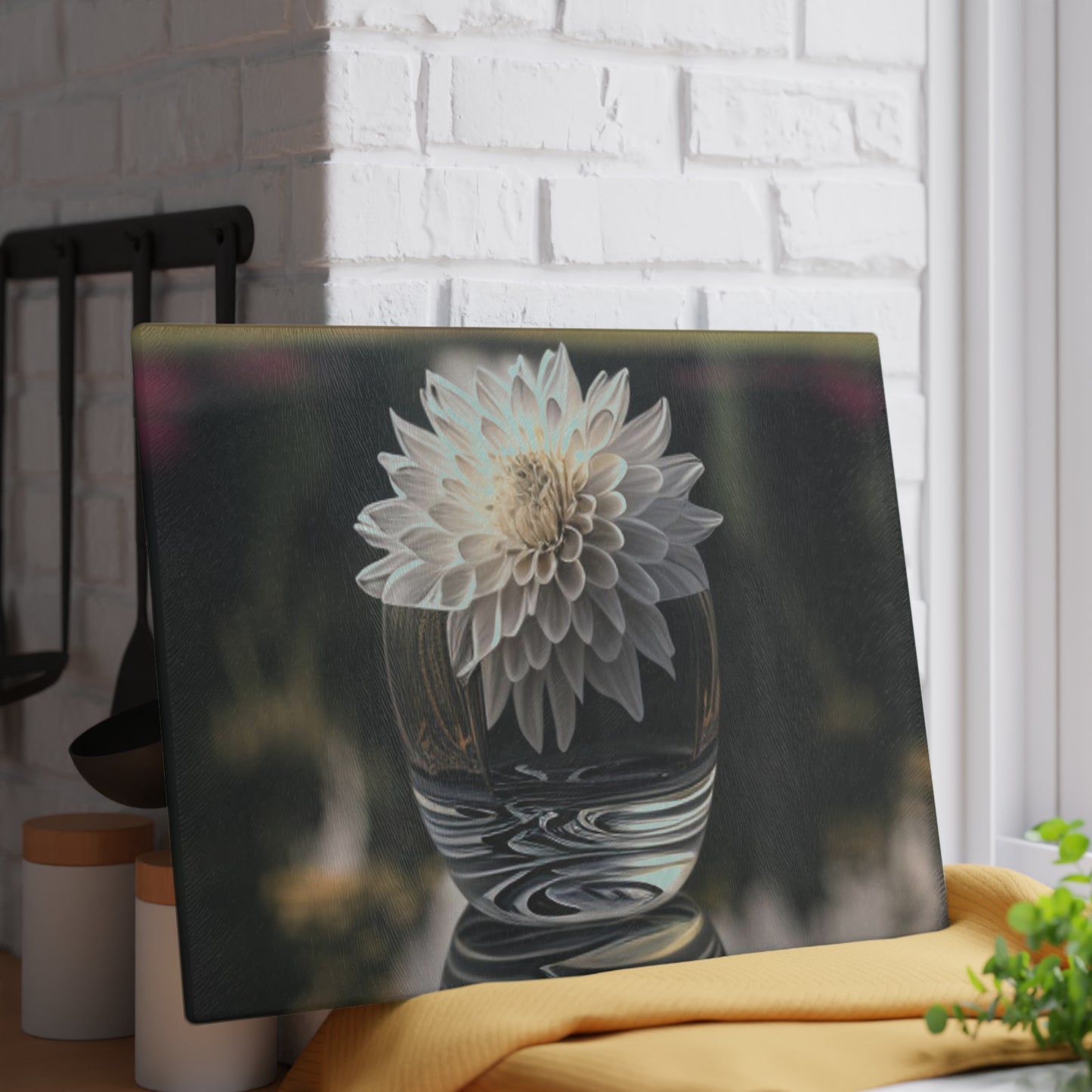 Glass Cutting Board White Dahlia 2