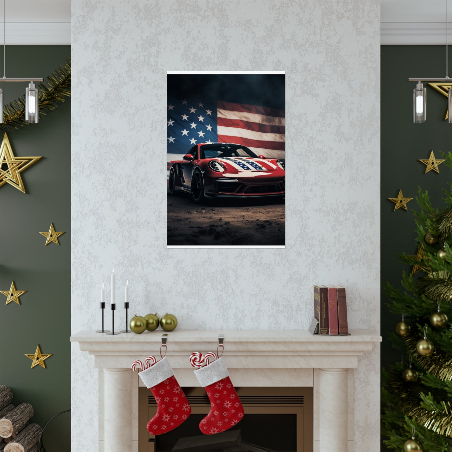 Premium Matte Vertical Posters American Flag Background Porsche 3