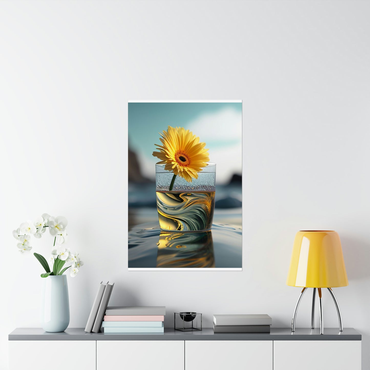 Premium Matte Vertical Posters yello Gerbera glass 2