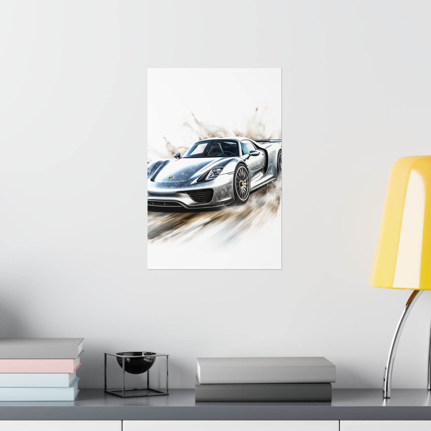 Premium Matte Vertical Posters 918 Spyder white background driving fast with water splashing 2