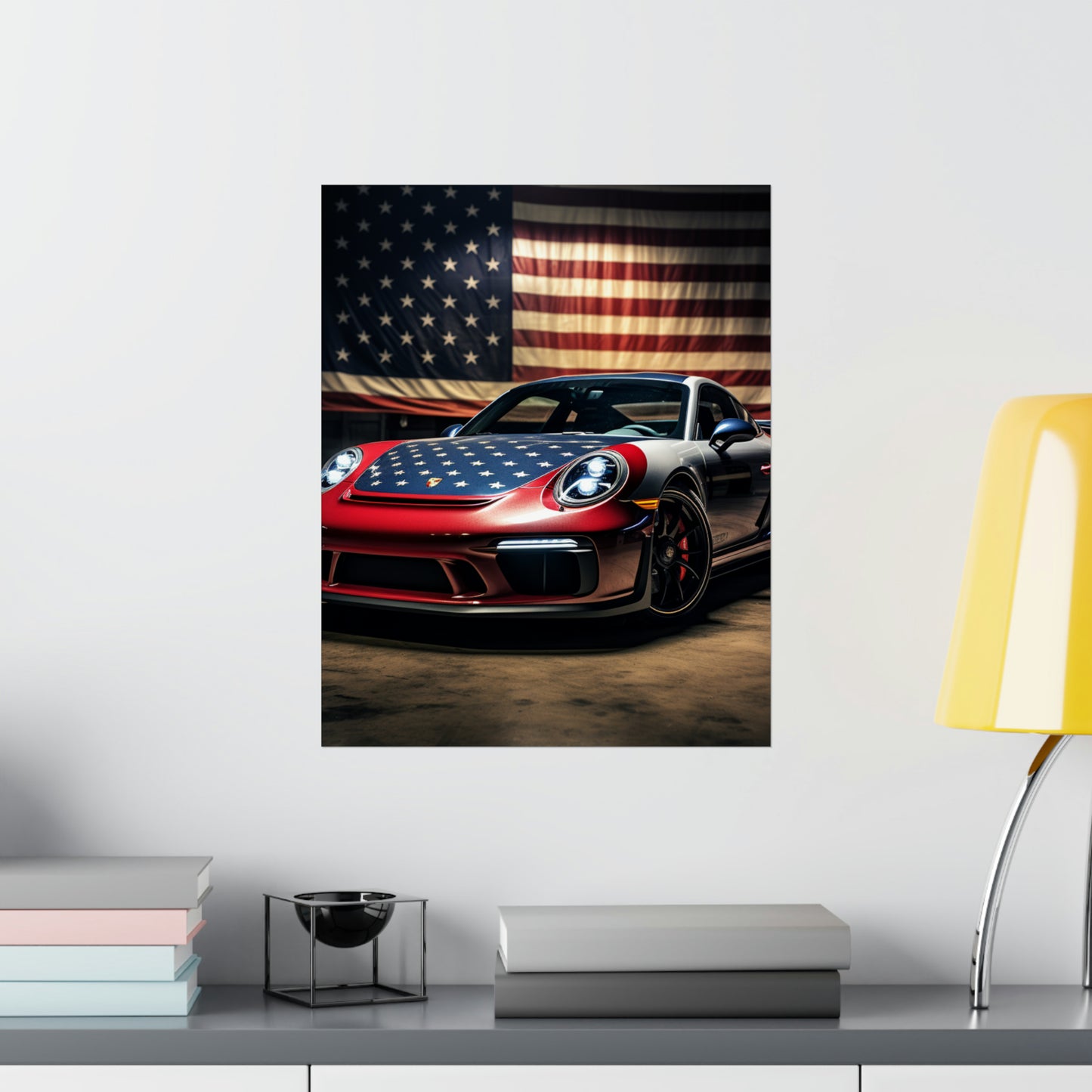 Premium Matte Vertical Posters American Flag Background Porsche 1