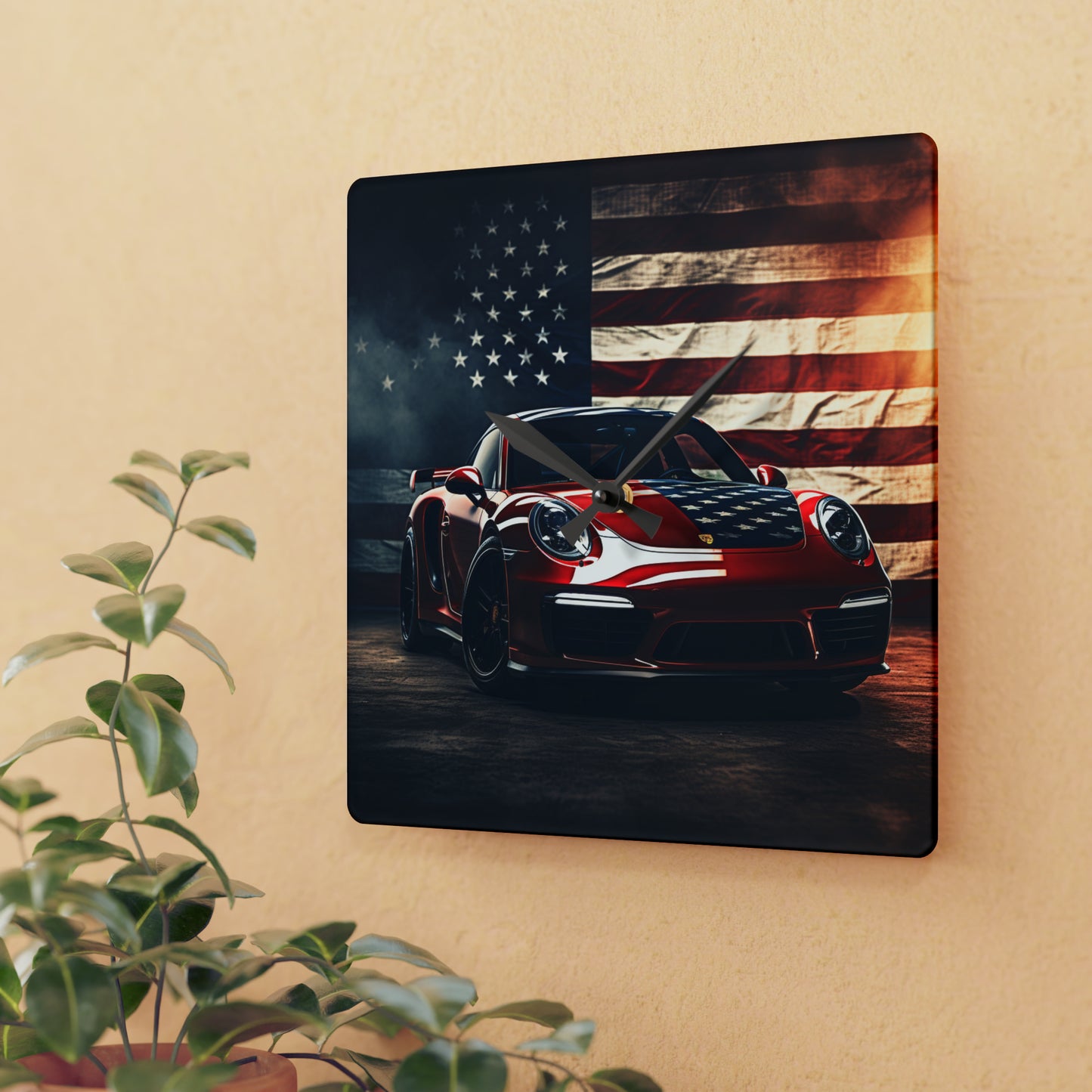 Acrylic Wall Clock American Flag Background Porsche 2