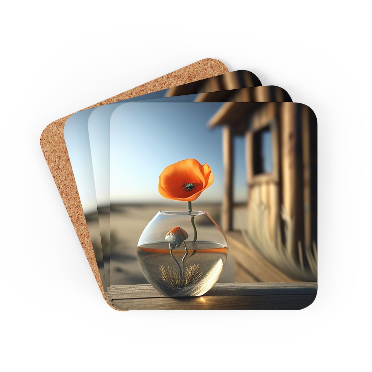 Corkwood Coaster Set Orange Poppy in a Vase 1