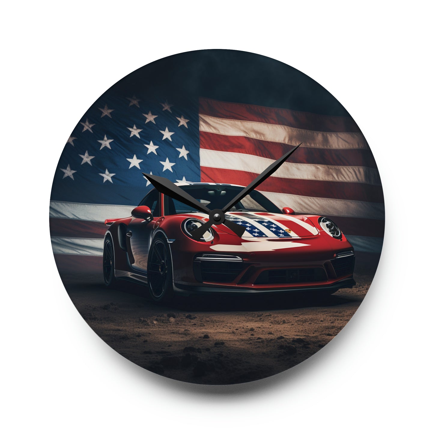 Acrylic Wall Clock American Flag Background Porsche 3