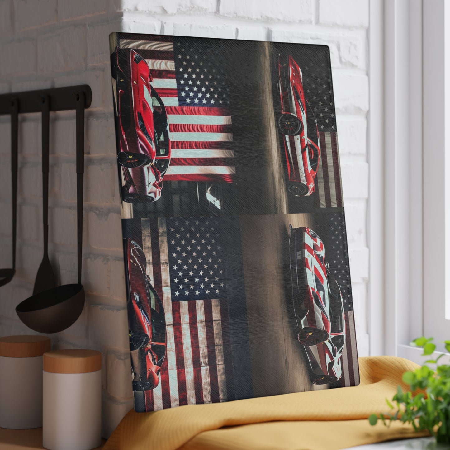 Glass Cutting Board American Flag Background Ferrari 5