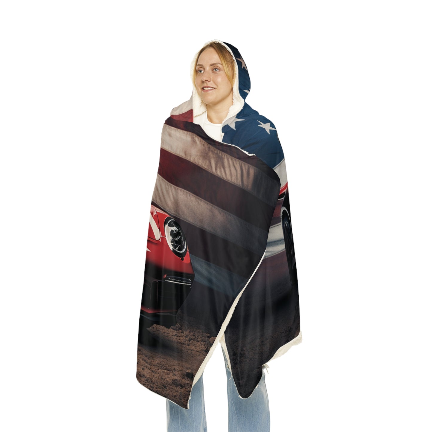 Snuggle Hooded Blanket American Flag Background Porsche 3