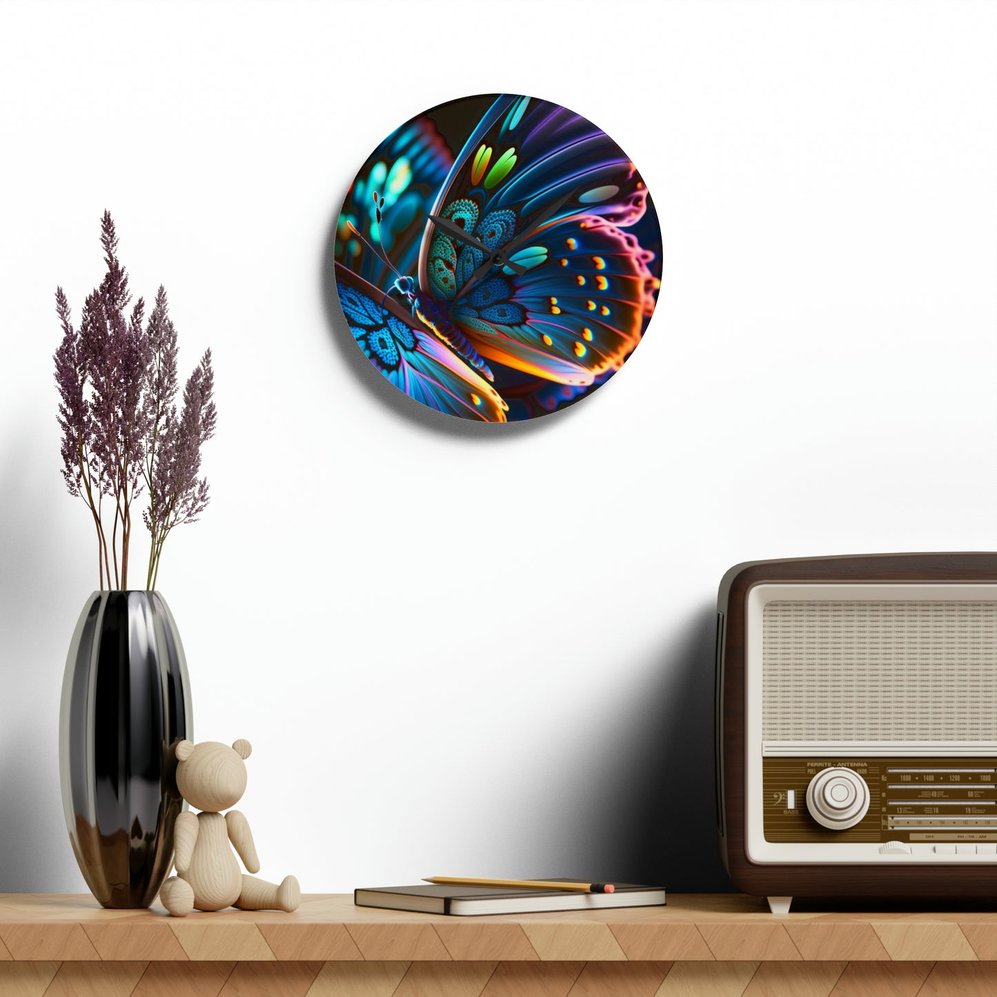 Acrylic Wall Clock Neon Butterfly Macro 2