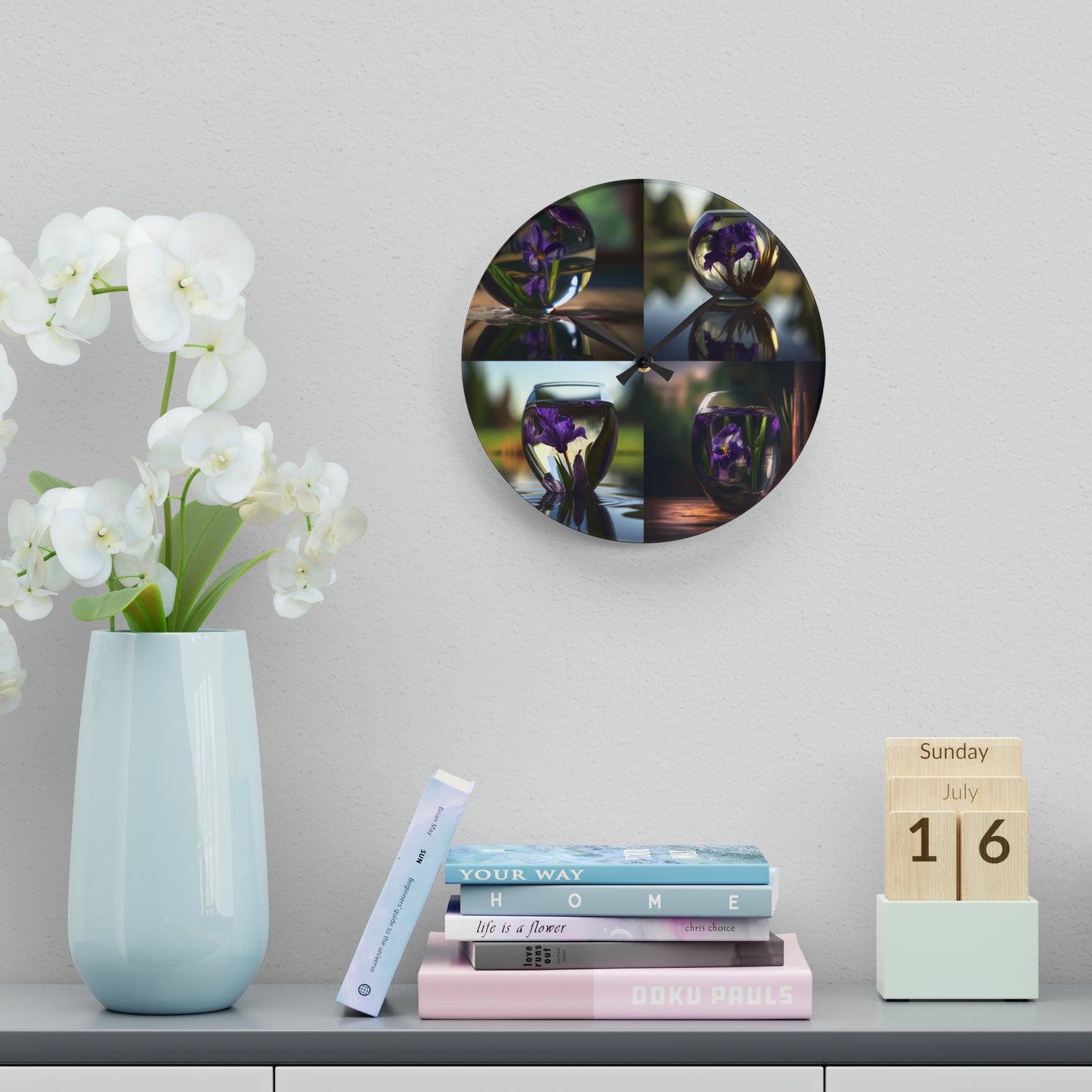 Acrylic Wall Clock Purple Iris in a vase 5