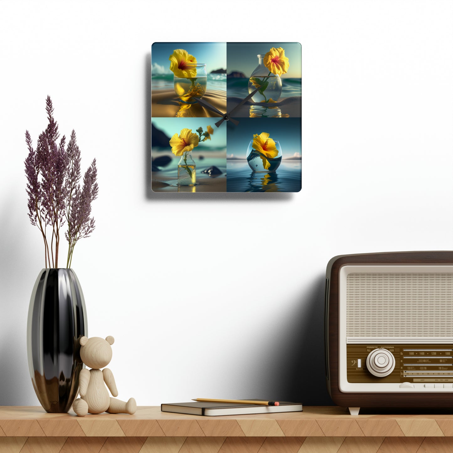 Acrylic Wall Clock Yellow Hibiscus glass 5