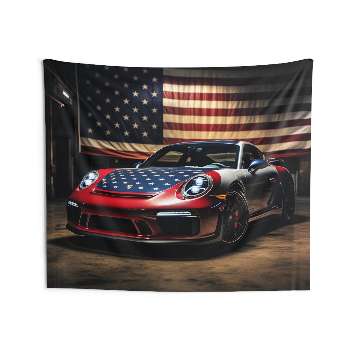 Indoor Wall Tapestries American Flag Background Porsche 1