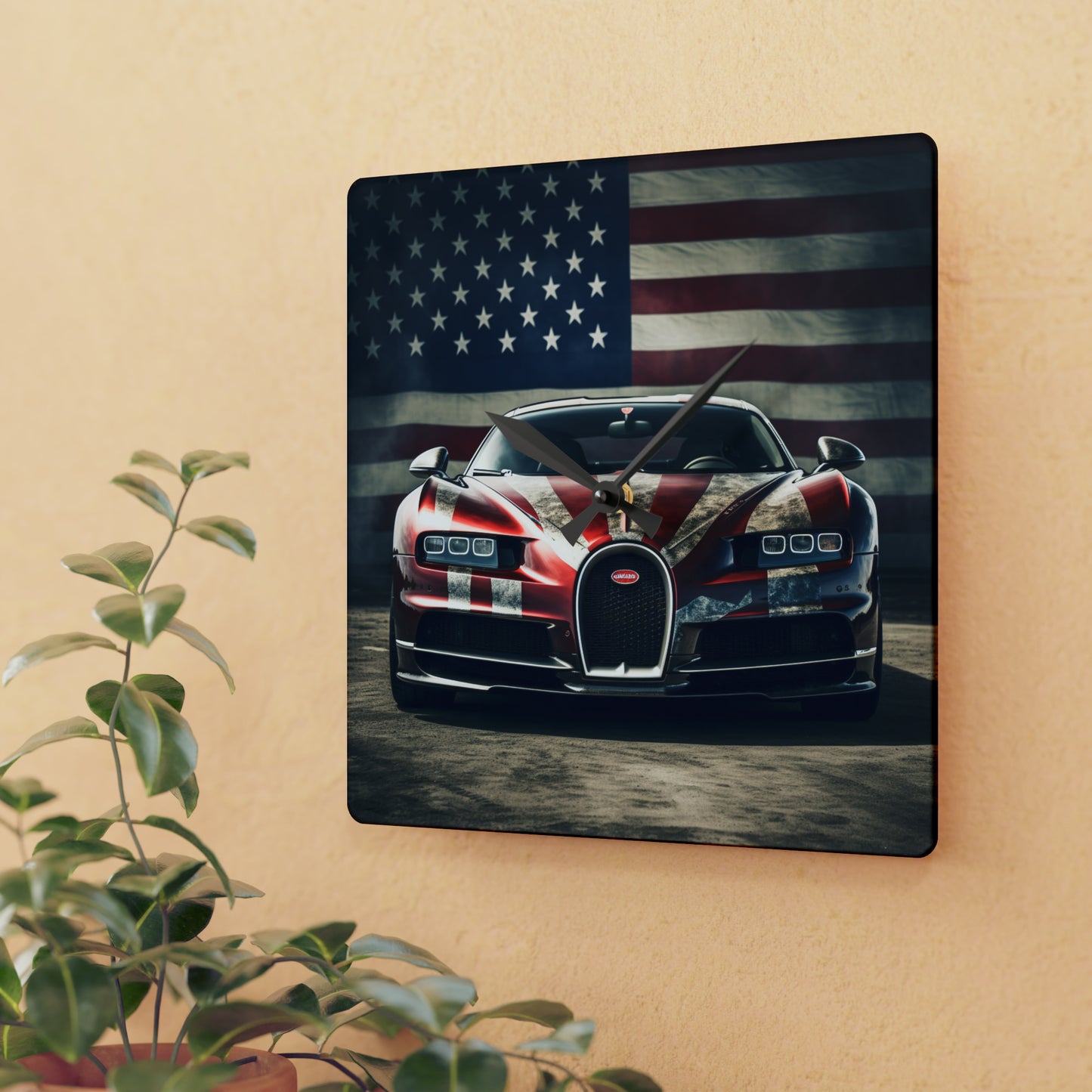 Acrylic Wall Clock American Flag Background Bugatti 3