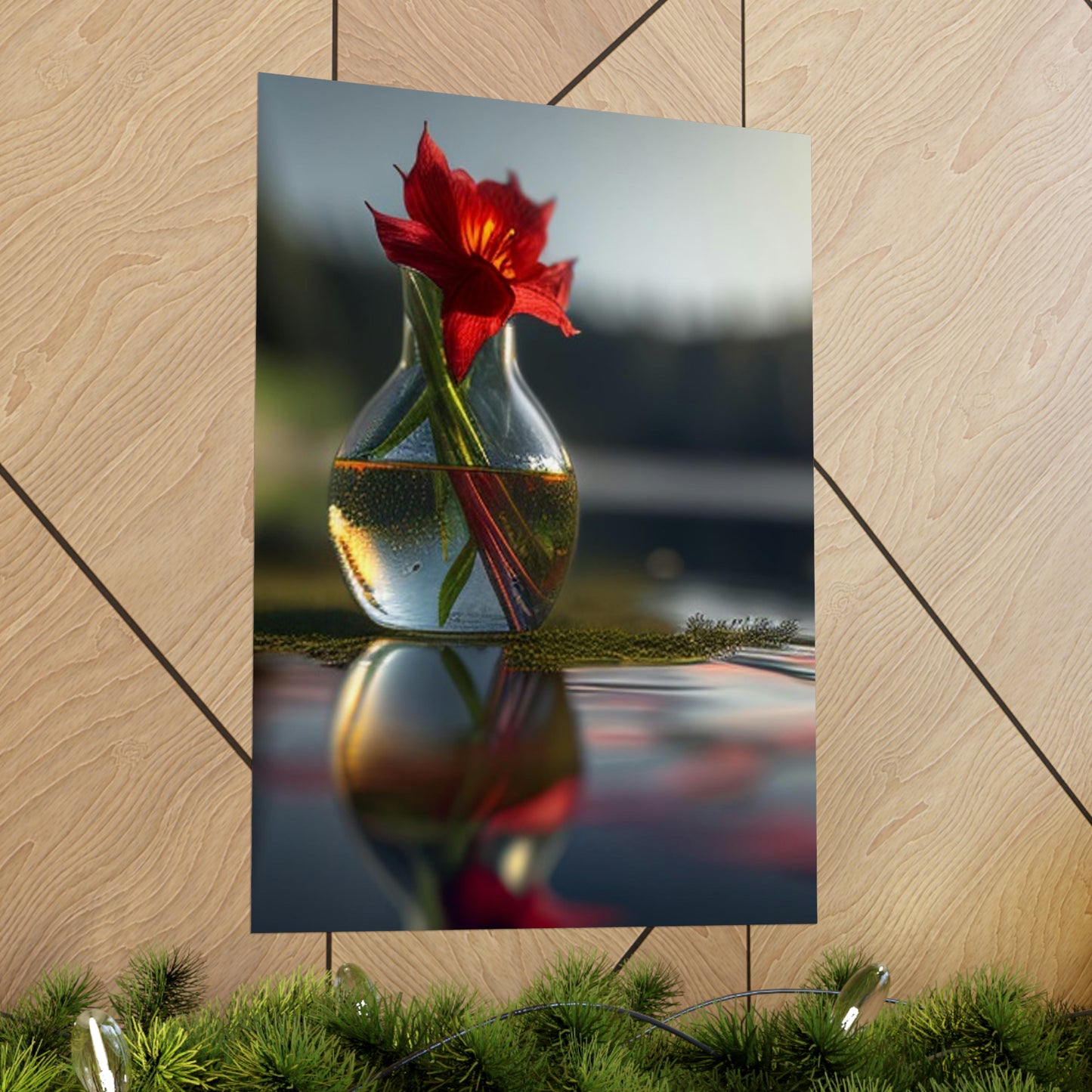 Premium Matte Vertical Posters Red Lily in a Glass vase 3