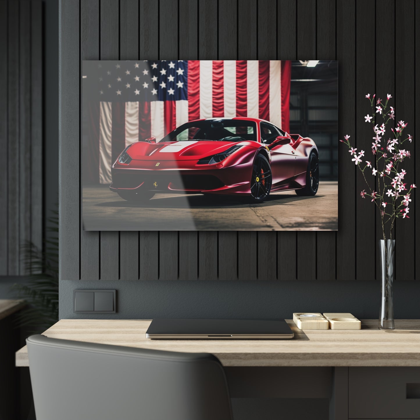 Acrylic Prints American Flag Background Ferrari 3