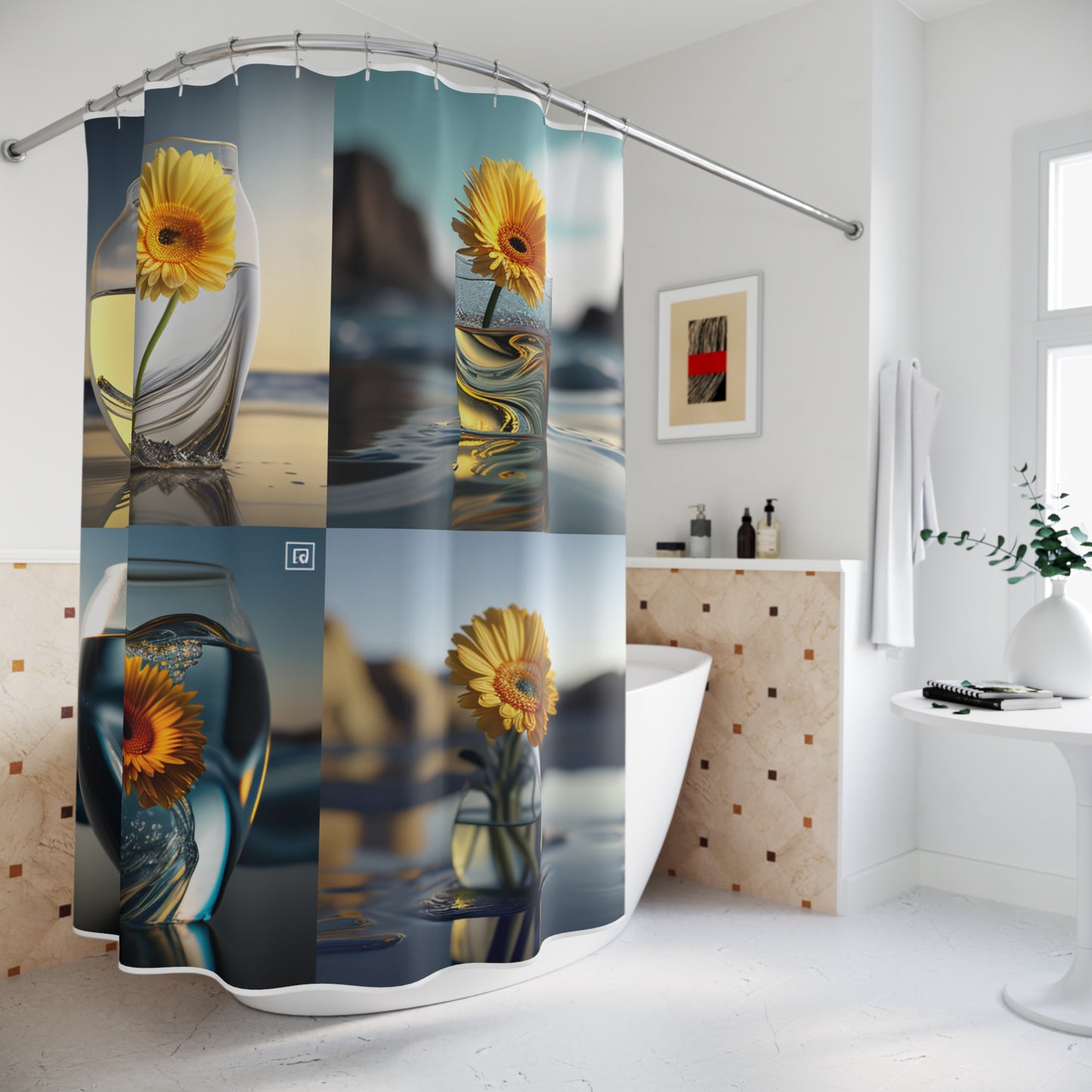 Polyester Shower Curtain yello Gerbera glass 5