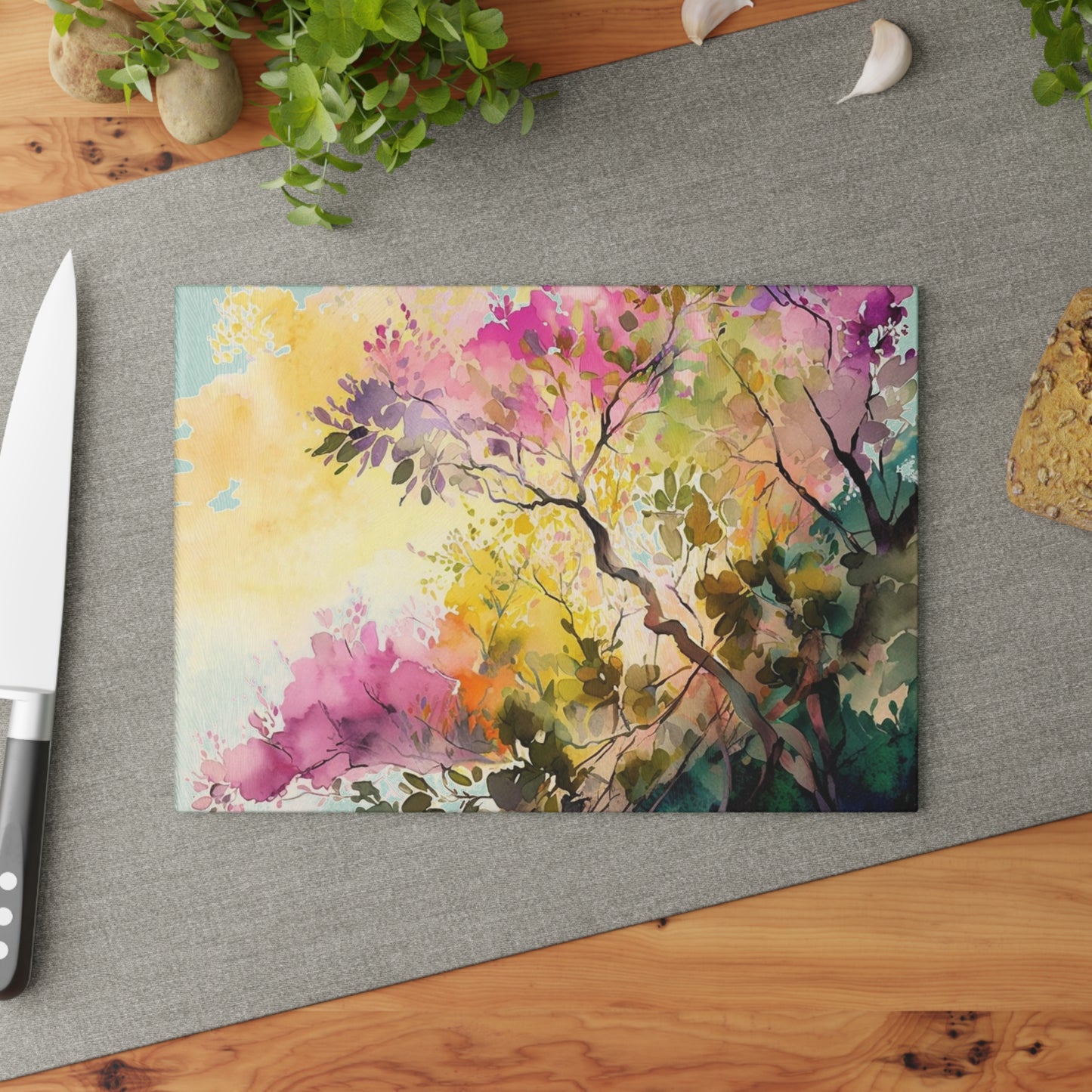 Glass Cutting Board Mother Nature Bright Spring Colors Realistic Watercolor 2