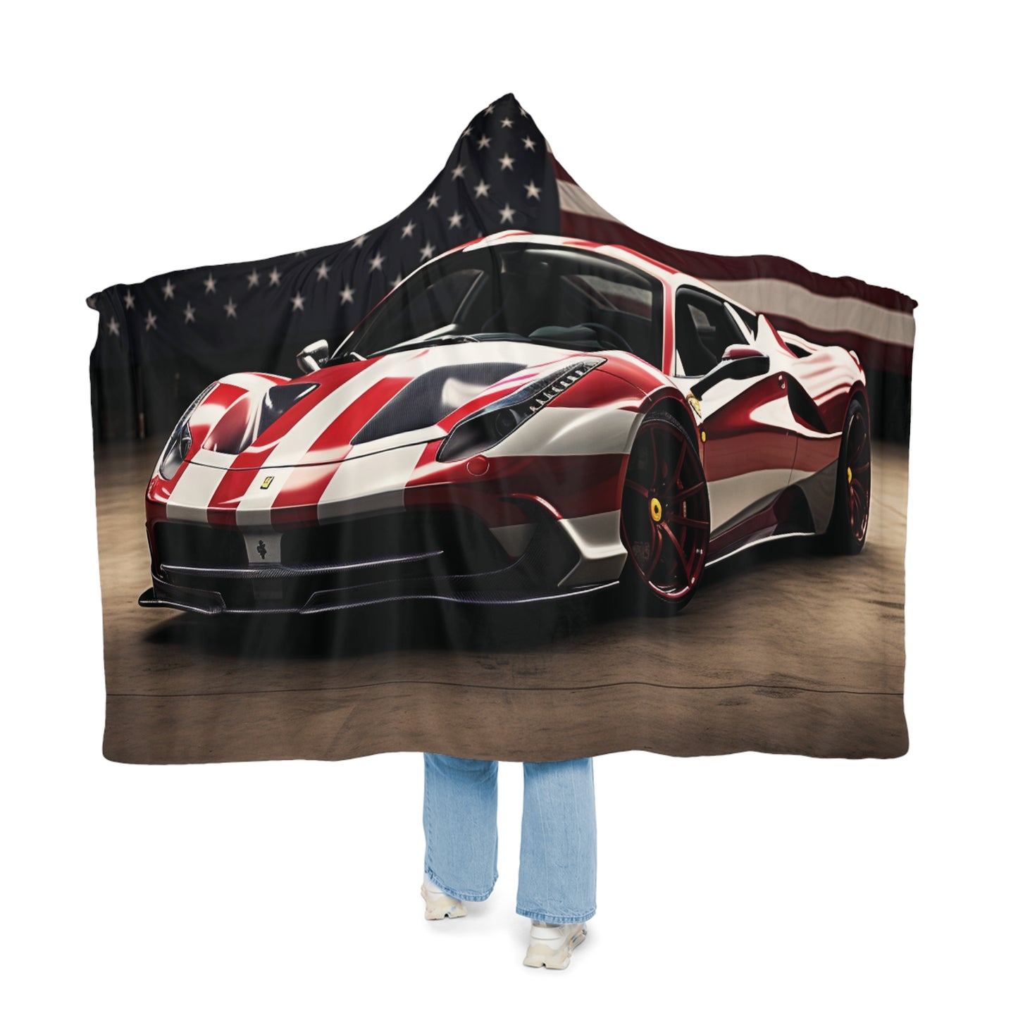 Snuggle Hooded Blanket American Flag Background Ferrari 2