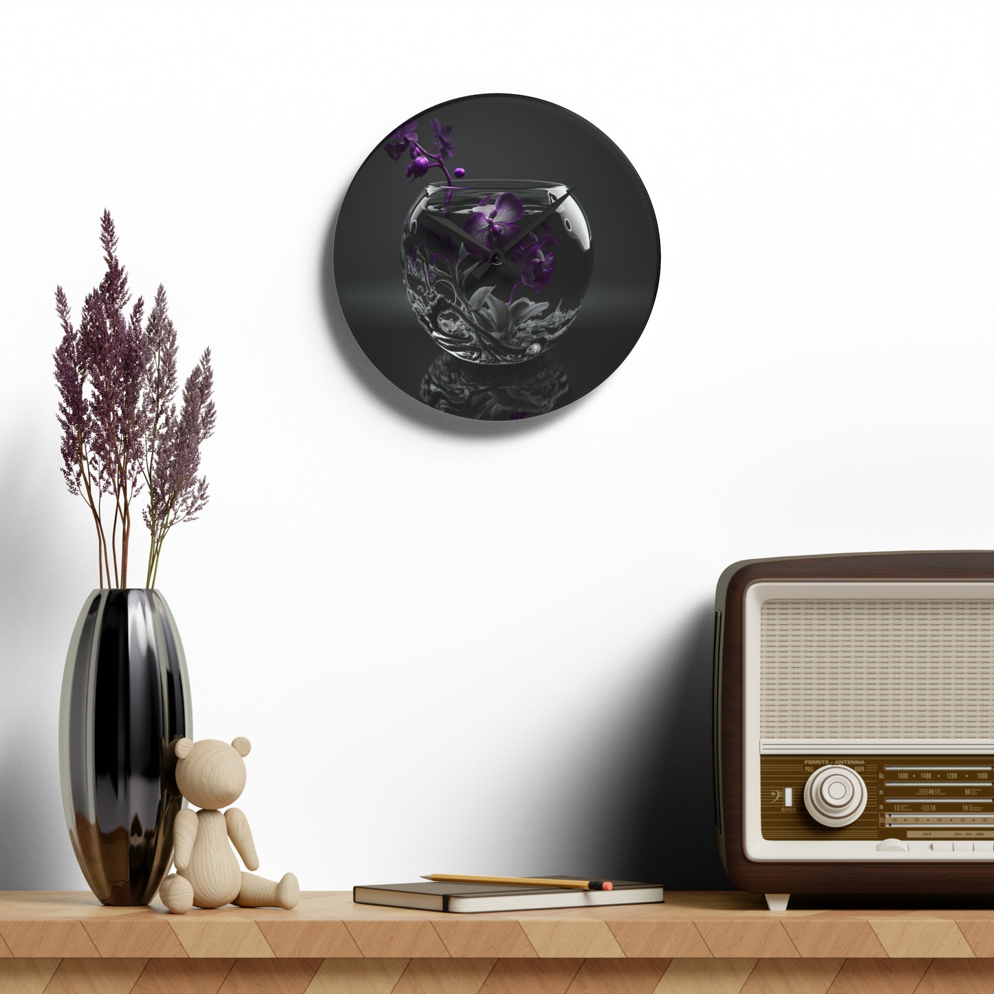 Acrylic Wall Clock Purple Orchid Glass vase 3