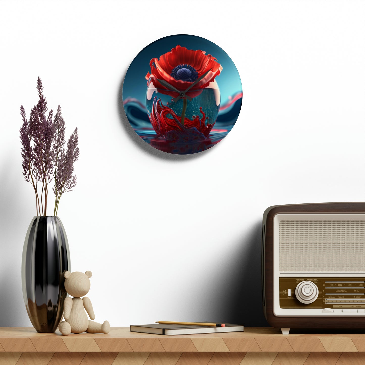 Acrylic Wall Clock Red Anemone in a Vase 2