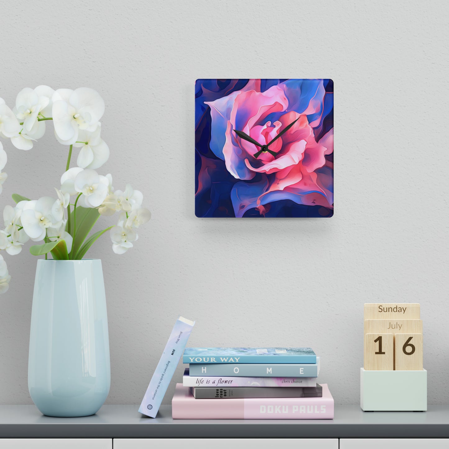 Acrylic Wall Clock Pink & Blue Tulip Rose 1