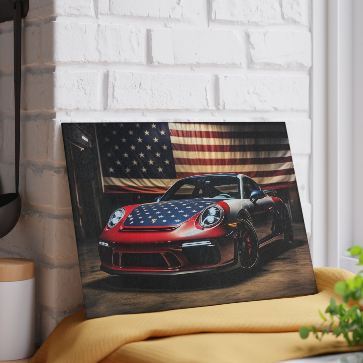 Glass Cutting Board American Flag Background Porsche 1