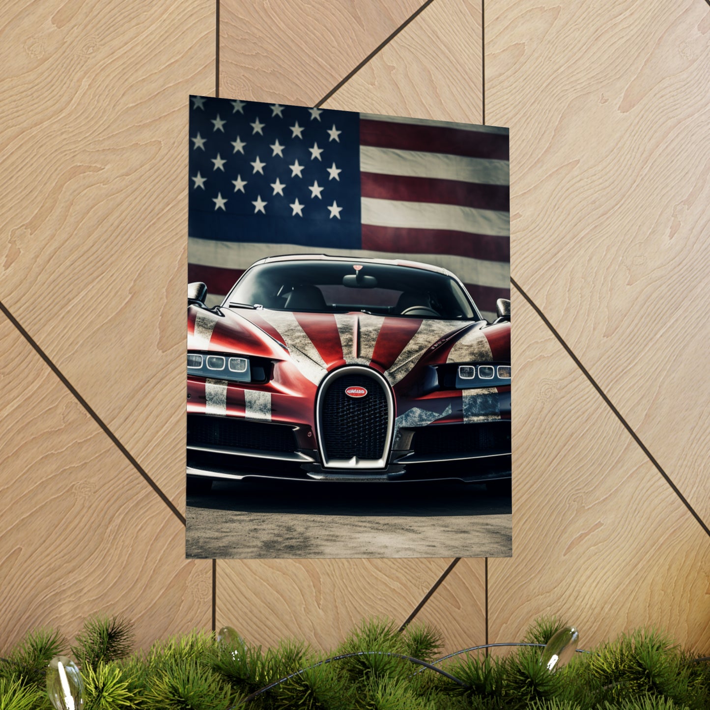 Premium Matte Vertical Posters American Flag Background Bugatti 3