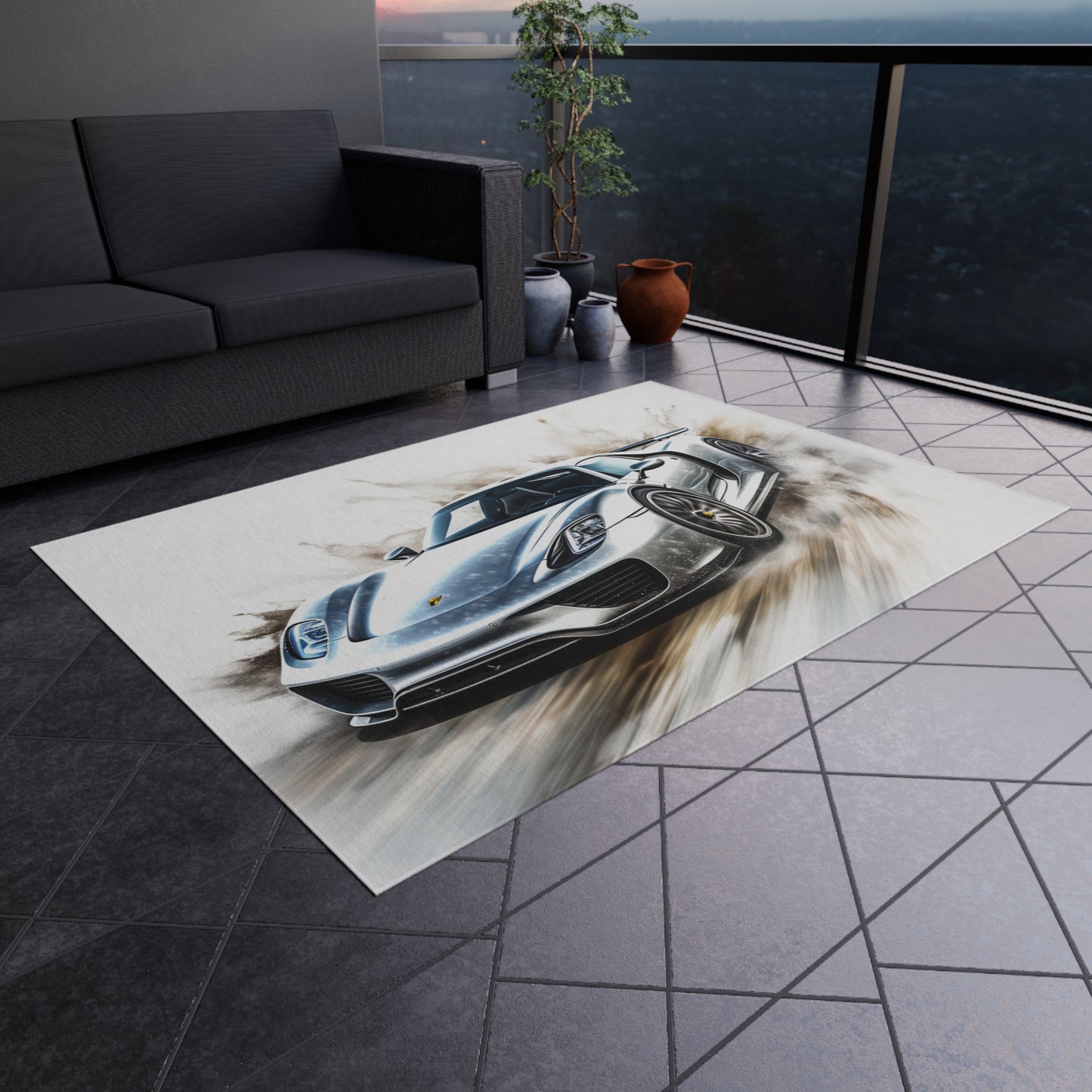 Outdoor Rug  918 Spyder white background driving fast with water splashing 2