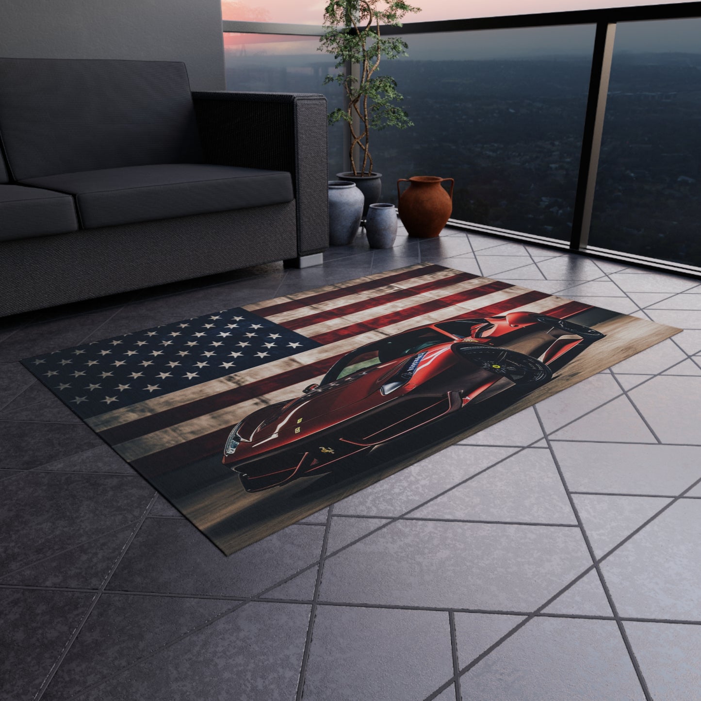 Outdoor Rug  American Flag Background Ferrari 4