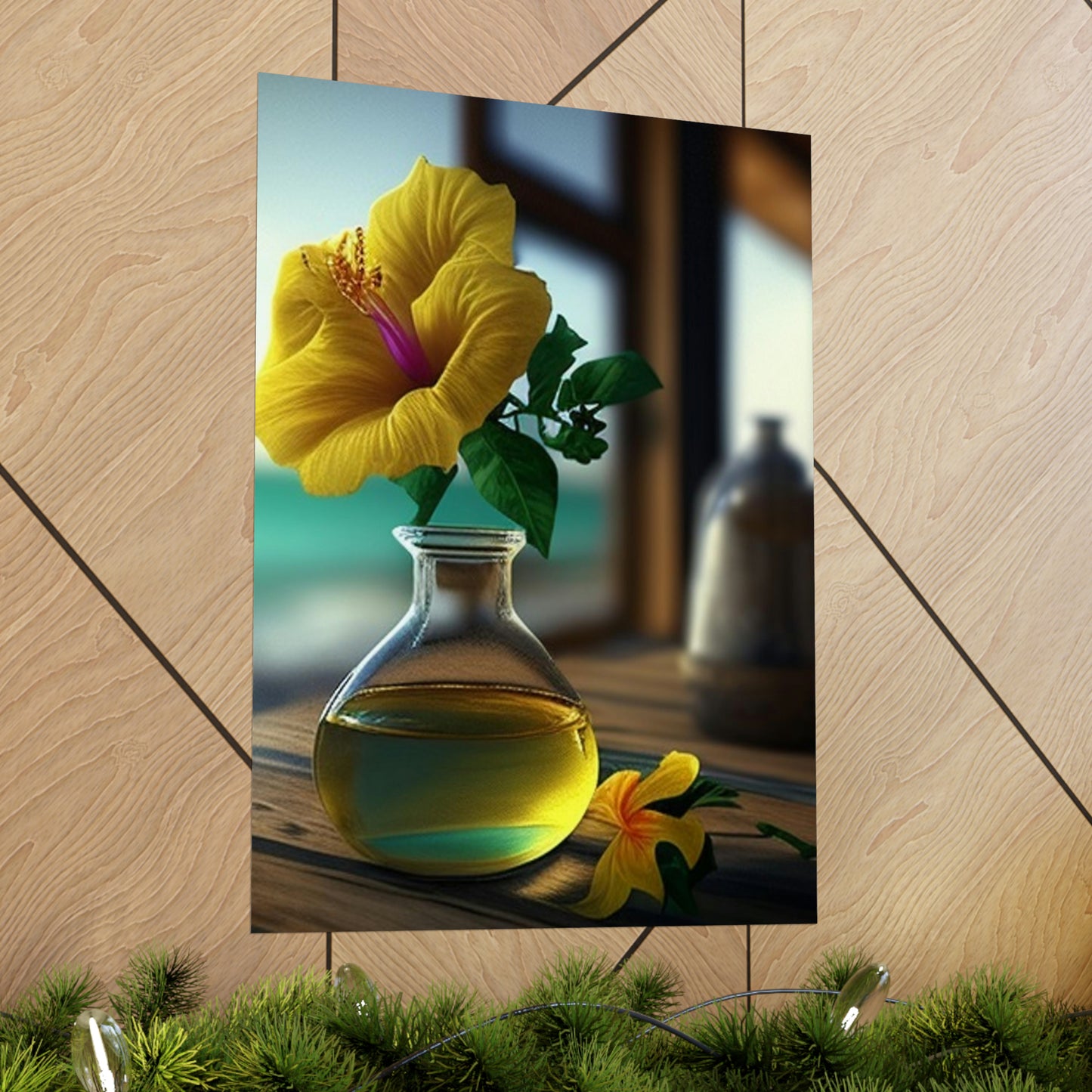 Premium Matte Vertical Posters Yellow Hibiscus Wood 1