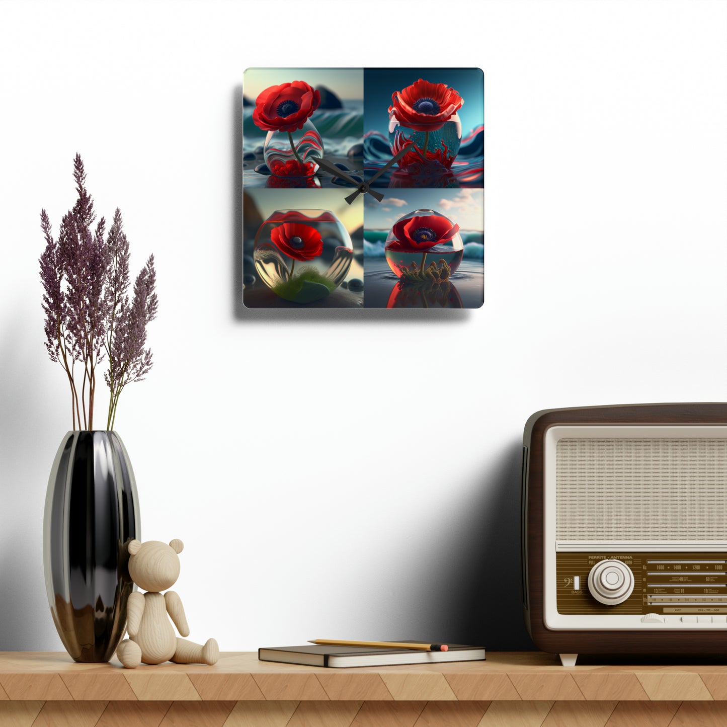 Acrylic Wall Clock Red Anemone in a Vase 5