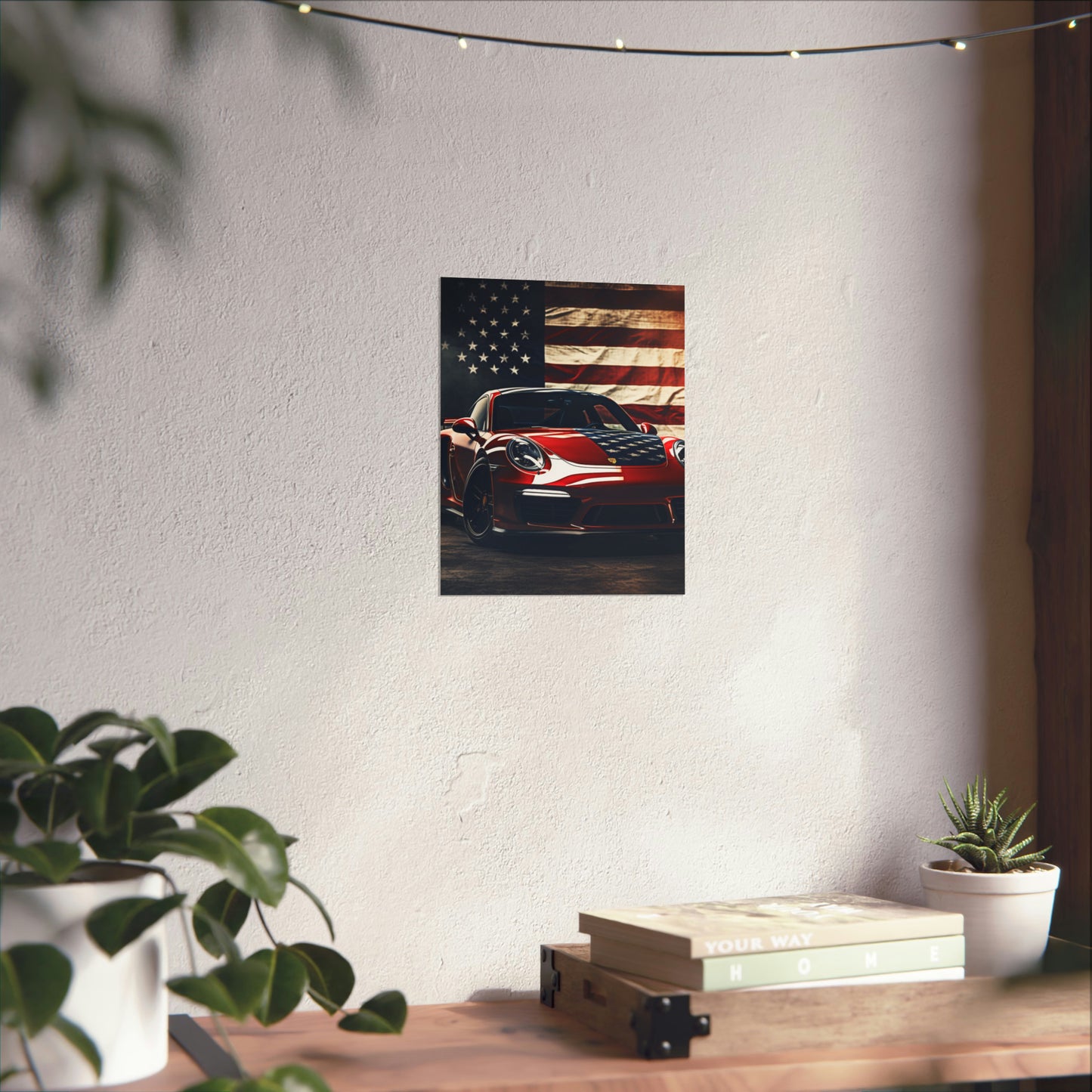 Premium Matte Vertical Posters American Flag Background Porsche 2