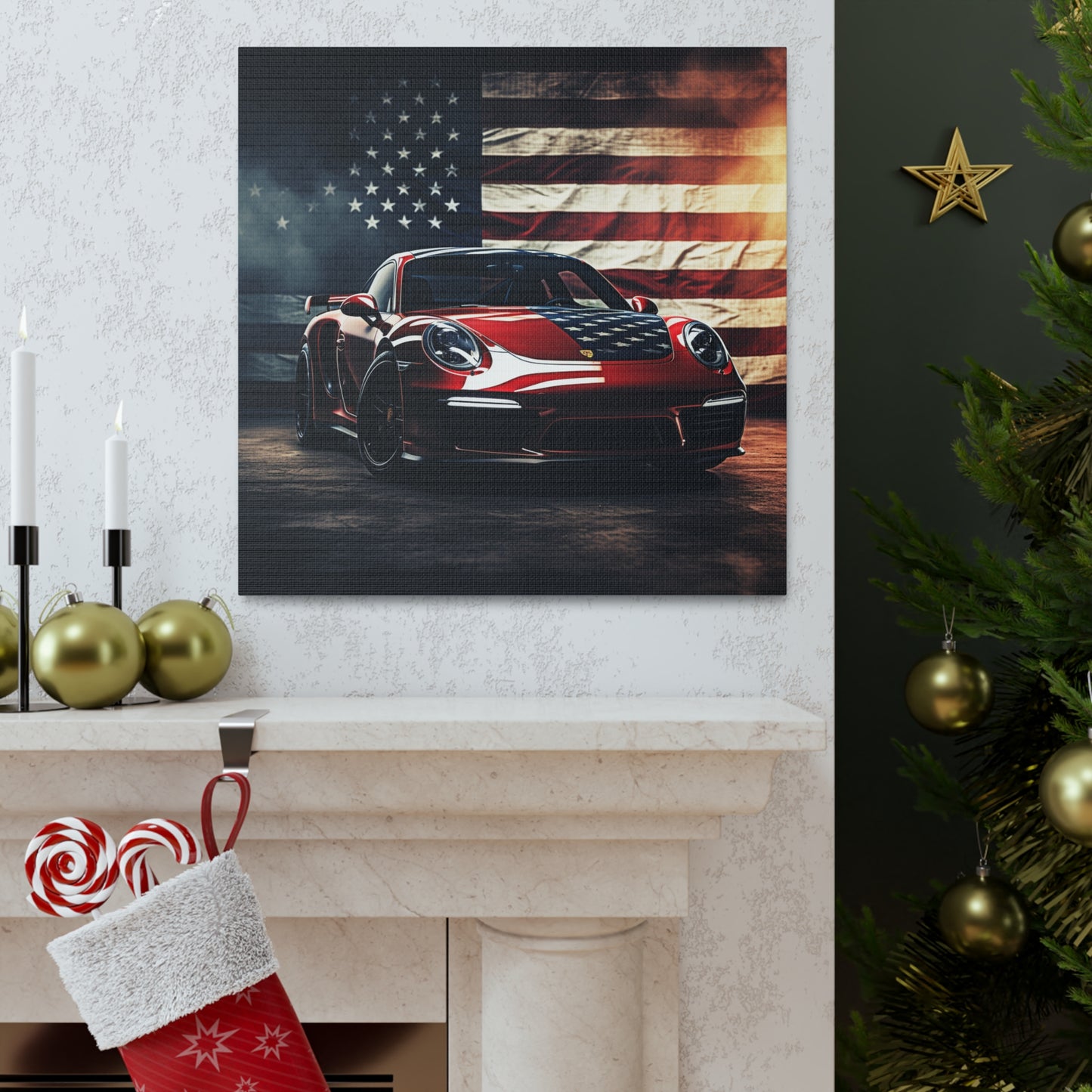 Canvas Gallery Wraps American Flag Background Porsche 2