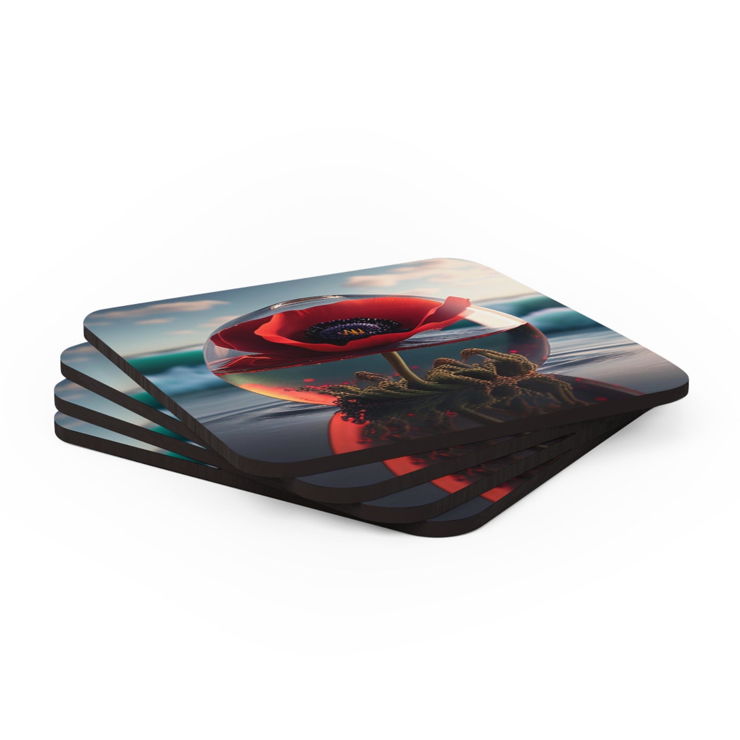 Corkwood Coaster Set Red Anemone in a Vase 4