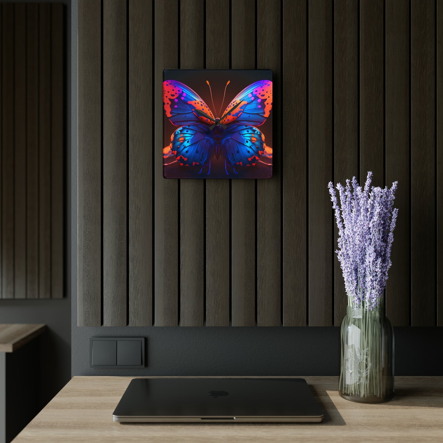 Acrylic Wall Clock Neon Butterfly Macro 3