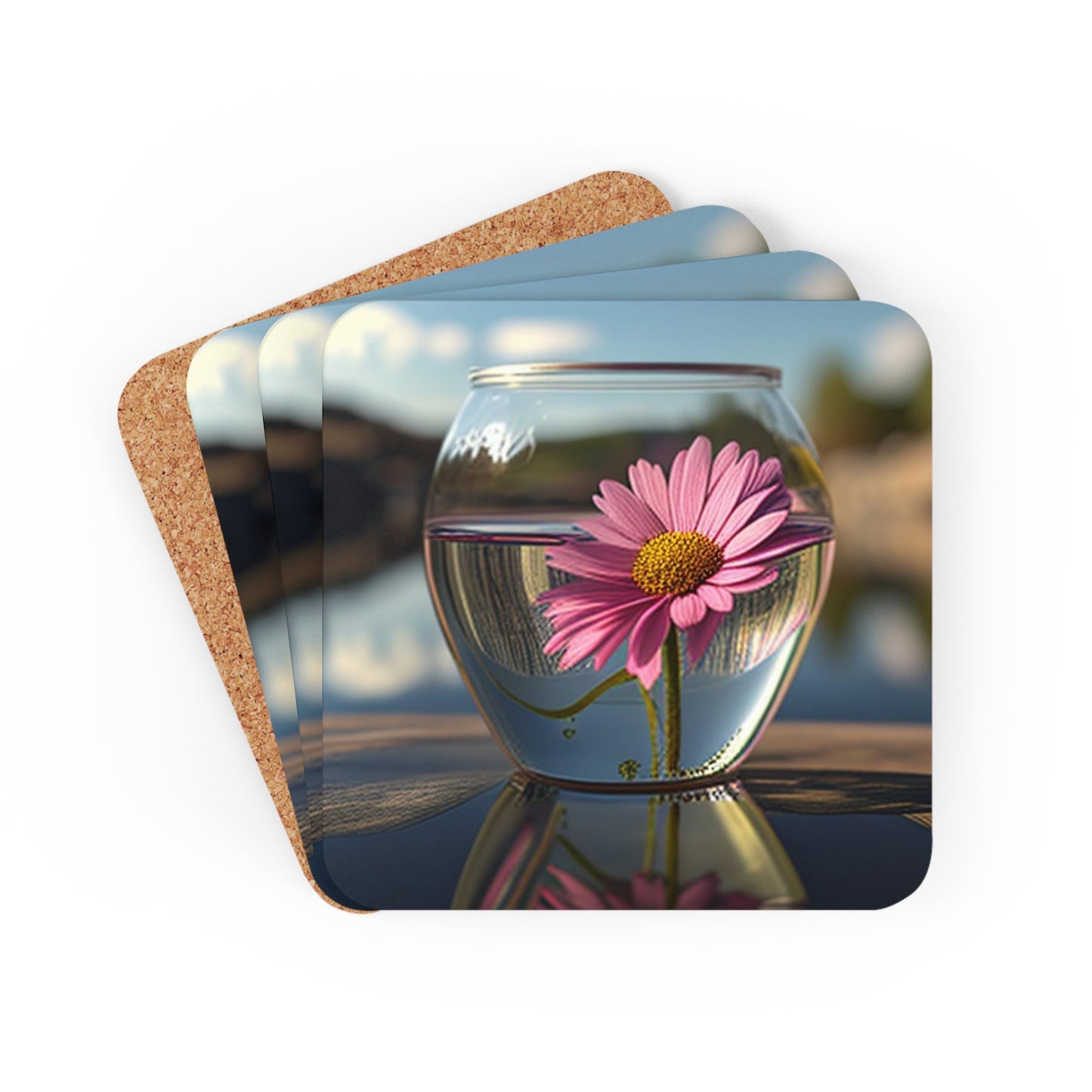 Corkwood Coaster Set Pink Daisy 3