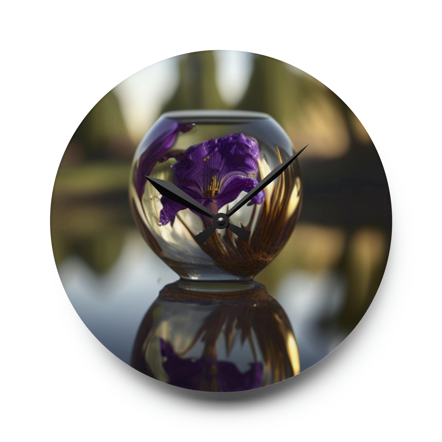 Acrylic Wall Clock Purple Iris in a vase 2